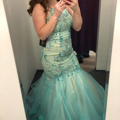 Beautiful Mermaid Prom Dress. Worn 1 Time For A Couple Hours. Has Been Hemmed To Fit A 4”11 Height With 6 In Heel At 5”4. From M2 Prom Store. Is A Design Exclusive Limited Edition. Can Ship Asap! Aqua Mermaid, Prom Dress Color, Mermaid Prom Dress, Beautiful Mermaids, Mermaid Prom Dresses, Prom Dress, Green And Grey, Colorful Dresses, Mermaid