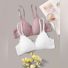 ***Brand New Never Worn*** Scallop Lace Bra Set Of 2 Bought On Amazon For $19.99. (See Last Pic). Size: 36c *Size: 36c Ships Same Day. Other Sizes Are Available But May Take 7-10 Days To Ship. Please Message Me If You Need A Different Size.* Color: Purple Or White Style: Casual Type: Wireless Pattern: Plain Details: Scallop Bra Type: Underwire Fabric: High Stretch Material: Lace Care Instructions: Hand Or Machine Wash Delicate This Is Two Piece Set. Bra And Under Set, Women Bras, Lace Bra Set, Bralette Crop Top, Bra Types, Wireless Bra, Pink Bra, Black Sports Bra, Scalloped Lace