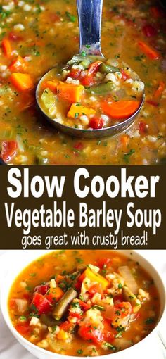 slow cooker vegetable barley soup in a white bowl with a ladle full of it