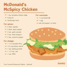 the menu for mcdonald's mcspicy chicken is shown in this graphic