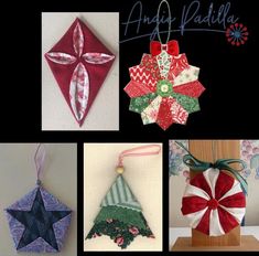 four different christmas ornaments are hanging on the wall and one is decorated with ribbons,