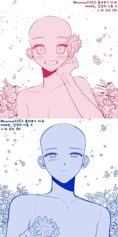 an anime character with flowers on his chest and in the background, there are two different images