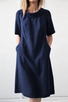 Women's Cotton & Linen Fashion Clothing - Cherieday Hemp Dress, Chic Shirts, Cotton Linen Dresses, Linen Short, Round Neck Dresses, Crewneck Dress, Linnet, Midi Short Sleeve Dress, Necklines For Dresses