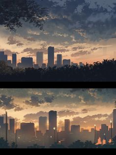 two different views of the city at sunset