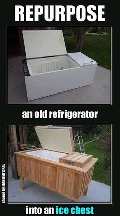 an old refrigerator is turned into an ice chest