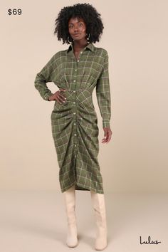 Cooler days always get us searching for the perfect fall looks, like the Lulus Seasonal Spirit Green Plaid Ruched Long Sleeve Midi Dress! Lightweight woven fabric boasts a timeless plaid pattern as it shapes long sleeves (with button cuffs) and a collared neckline. Functional button placket runs the length of the dress, across a fitted waist and a strategically ruched skirt that finishes at a midi hem. Fit: This garment fits true to size. Length: Mid-calf length. Size medium measures 47" from sh Casual Plaid Ruched Dress, Casual Ruched Plaid Dresses, Plaid Midi Length Dress For Daywear, Plaid Midi Dress For Daywear, Midi-length Plaid Dress For Fall, Chic Plaid Midi Dress For Fall, Plaid Long Sleeve Dress For Daywear, Chic Midi-length Plaid Dress For Fall, Ruched Skirt