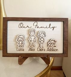 a wooden sign with family pictures on it