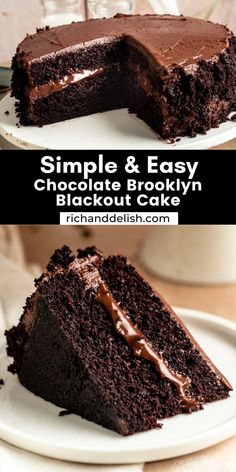 two pictures of a chocolate cake with one slice cut out