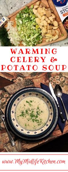 a bowl of potato soup on top of a wooden cutting board next to a knife and fork