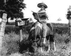 a young boy sitting on top of a horse next to a mailbox