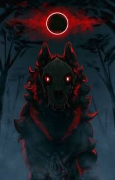 a creepy looking animal with red eyes standing in the dark forest under a full moon