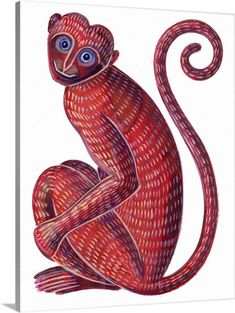 a painting of a red monkey sitting on its hind legs with blue eyes and tail