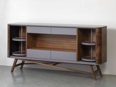 the sideboard is made from wood and metal