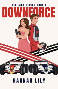 a book cover with an image of a man and woman in front of a race car