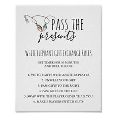 a white poster with the words pass the presents and an image of a necklace on it