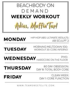 the beach body on de mand workout schedule is shown in black, white and yellow