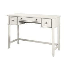 a white desk with two drawers on the top and one drawer at the bottom, in front of a white background