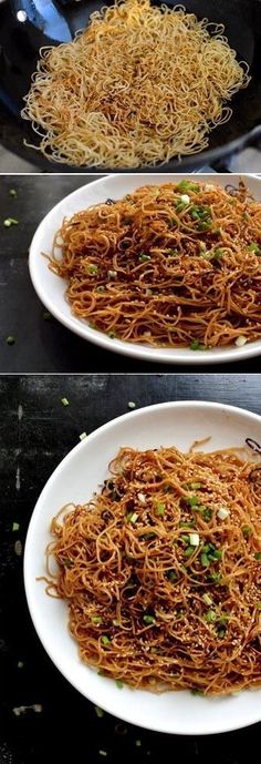 two plates with noodles and vegetables in them on the same plate as they are being cooked