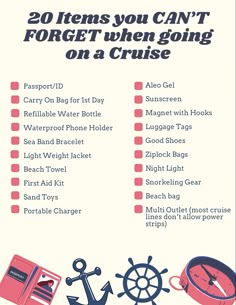 a poster with the words 20 items you can't forget when going on a cruise