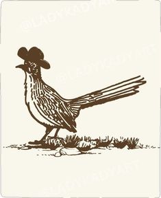 a drawing of a bird with a hat on it's head standing in the grass