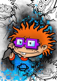 a drawing of a boy with glasses and an orange hair holding a knife in his hand