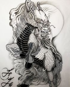 a drawing of a dragon sitting on top of a body of water with fire coming out of its mouth