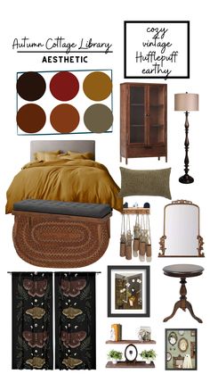 an assortment of furniture and decor items with the words autumn cottage library aesthetic on them