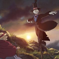 an animated image of a man in a suit and top hat standing next to a woman