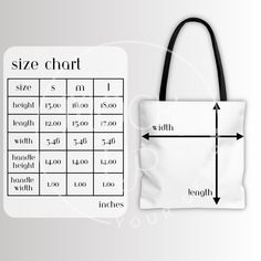 AOP Tote Bag Size Chart  This is a digital product. No physical items will be sent. Once purchased, you will receive a link for download. This listing includes: ✔️ 1 high-resolution digital image (instant download) ✔️ The image you receive will be the same as the listing photo (but with blank tote bag image, free of branding and watermarks, so you can easily place your designs). The whole shop bundle is available here: https://etsy.me/40cy5Re For placing the design on the tote bag we recommend you to use: Adobe Photoshop, Photoshop Elements, Canva or any other tool. Follow us on IG @opalnomad for order sneak peeks, exclusive discount codes, and behind-the-scenes! Customizable Large Bags For Daily Use, Customizable White Rectangular Shoulder Bag, Functional White Bag, Functional White Bags For Gifts, Customizable Black Rectangular Bag, Functional White Bag For Gift, Functional White Gift Bag, Size Chart Design, Tote Bag Size Chart