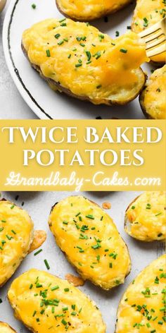 twice baked potatoes with cheese and chives on top, served in a white plate