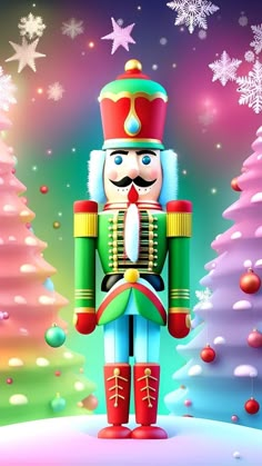 a nutcracker standing in front of a christmas tree