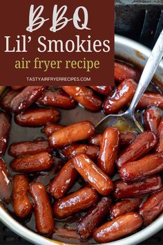 BBQ Lil' Smokies Air Fryer Recipe. Air Fried Lil Smokies get nice and firm on the outside, juicy on the inside then smothered in an apricot barbecue sauce. Explore air fryer bbq little smokies, little smokies air fryer, little smokies in the air fryer, and little smokies recipes air fryer. This Air Fryer Bbq Little Smokies Recipe is a super easy party or holiday appetizer. Bbq Lil Smokies, Bbq Little Smokies, Little Smokies Recipes, Smokies Recipe, Lil Smokies, Dip Recipes Appetizers, Game Day Appetizers, Party Appetizer