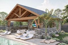 an outdoor living area with lounge chairs and a pool