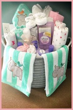 a basket filled with baby items sitting on top of a counter