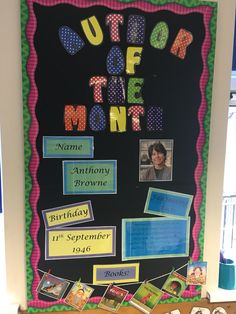 a bulletin board with pictures on it and the words junior of the month written below