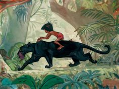 a painting of a woman riding on the back of a black animal in a jungle