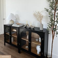 there is a black cabinet with glass doors in the corner next to a vase and a tree