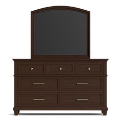 a brown dresser with a mirror on top and drawers below it, against a white background