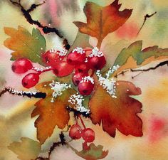 a painting of leaves and berries on a branch