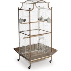 a bird cage on wheels with two birds in it's top shelf and one is empty