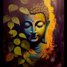 a painting of a buddha statue surrounded by green leaves and yellow hues on a black background