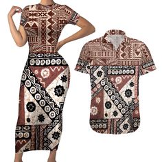 Bula Fiji Couples Matching Short Sleeve Bodycon Dress and Hawaiian Shirt Unique Masi Tapa Pattern LT14 Brown - Polynesian Pride Short Sleeve Bodycon Dress, Sleeve Bodycon Dress, Couples Matching, Matching Couples, Button Shirt, Stylish Shirts, Summer Shirts, Upper Body, Hawaiian Shirt