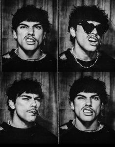 four different pictures of a man with sunglasses on his head and tongue sticking out to the side