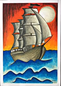 a drawing of a sailboat in the ocean with a full moon and clouds behind it