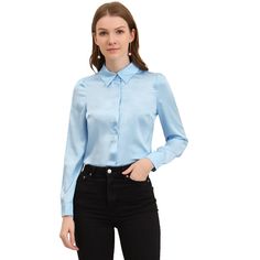 The long-sleeve fit of this shirt flatters most body types and provides enough coverage for a modest yet stylish look. The button-up front of this shirt makes it easy to wear and provides a timeless and classic look that never goes out of style. This shirt can be paired with dress pants or skirts for a formal workwear look, or dressed down with jeans or shorts for a more casual yet polished outfit. Long Sleeve Flannel Shirt With Button Closure, Slim Fit Button-up Blouse With Buttons, Spring Long Sleeve Slim Fit Blouse, Spring Slim Fit Long Sleeve Blouse, Solid Long Sleeve Shirt For Office, Slim Fit Long Sleeve Blouse For Spring, Slim Fit Button-up Blouse, Spring Slim Fit Button-up Blouse, Office Long Sleeve Shirt With Button Cuffs