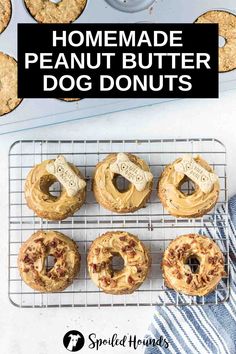 homemade peanut butter dog doughnuts on a cooling rack with the title overlay