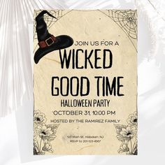 an old fashioned halloween party poster with a witch hat on it's back and the words,