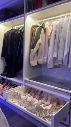 an organized closet with shoes and clothing