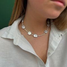 **White Coin Pearl Necklace | Irregular Baroque & Button Pearl Choker** Elevate your style with our White Coin Pearl Necklace, a sophisticated blend of natural coin pearls, irregular Baroque pearls, and button pearls. This necklace offers a modern twist on timeless elegance, perfect for any occasion. **Key Features - **White Coin Pearl Necklace Showcases lustrous, flat coin pearls that add a refined and elegant touch to your look, creating a modern and sleek accessory. - **Irregular Baroque Pear Coin Pearl Necklace, Necklace Woman, Baroque Pearl Necklace, Coin Pearls, Pearl Choker, Baroque Pearls, Halloween Shopping, Timeless Elegance, Womens Necklaces