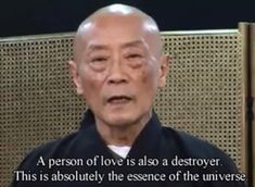 an old man is sitting in front of a screen with the words, a person of love is also a destroyer